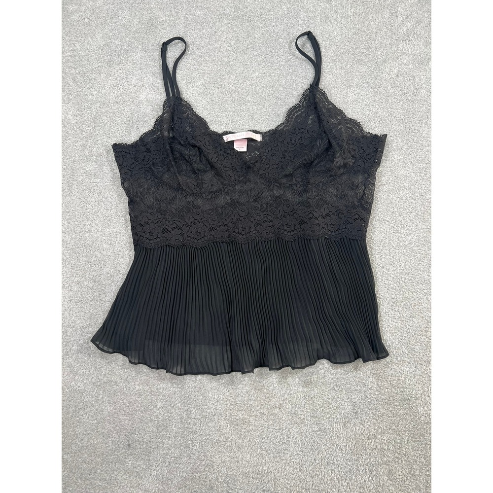 Victoria's Secret Black Lace Pleated Chiffon Camisole Lingerie Top Large Boudoir